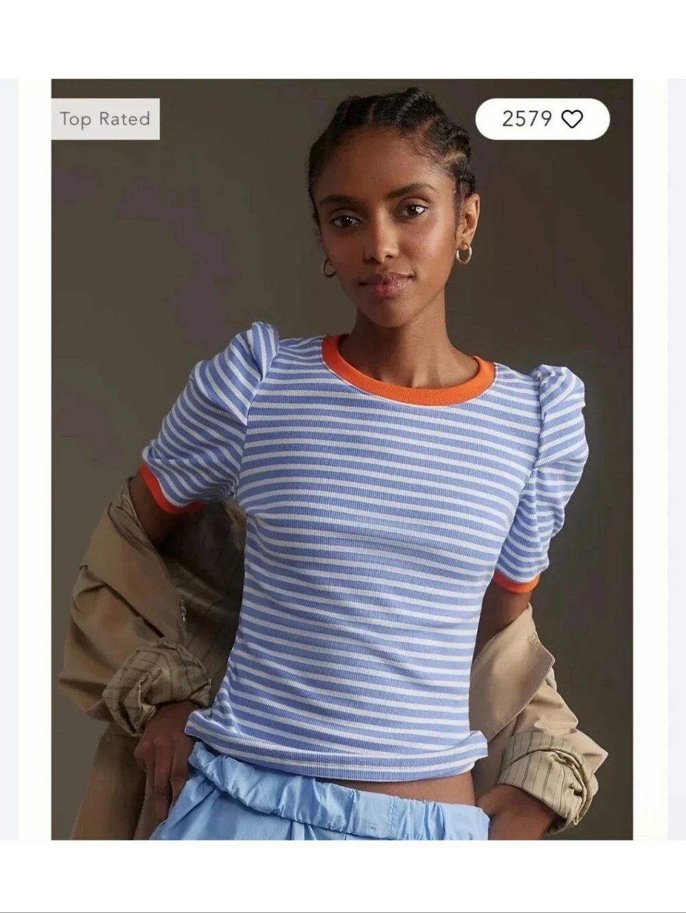 Anthropologie Maeve Puff Sleeve Striped Top Blue White Orange Size XS Boho